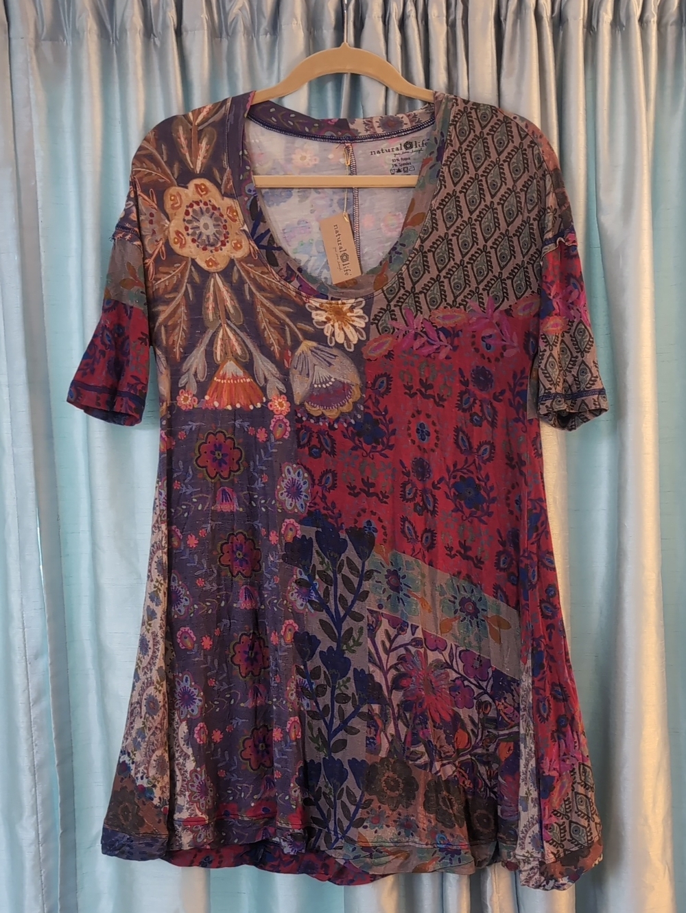 NATURAL LIFE Patchwork Floral V-Neck Tunic Dress- Purple, Pink, Blue NWT